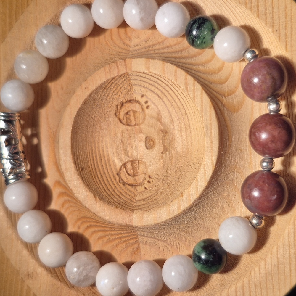 Moonstone, rhodonite and ruby in zoisite